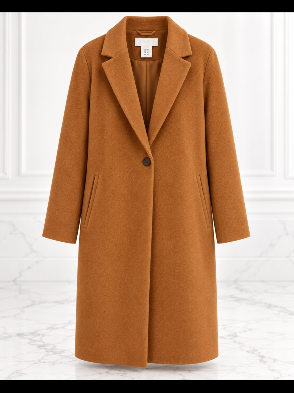 H&M Camel Brown Longline Coat Size 10 Tailored Quiet Luxury Classic